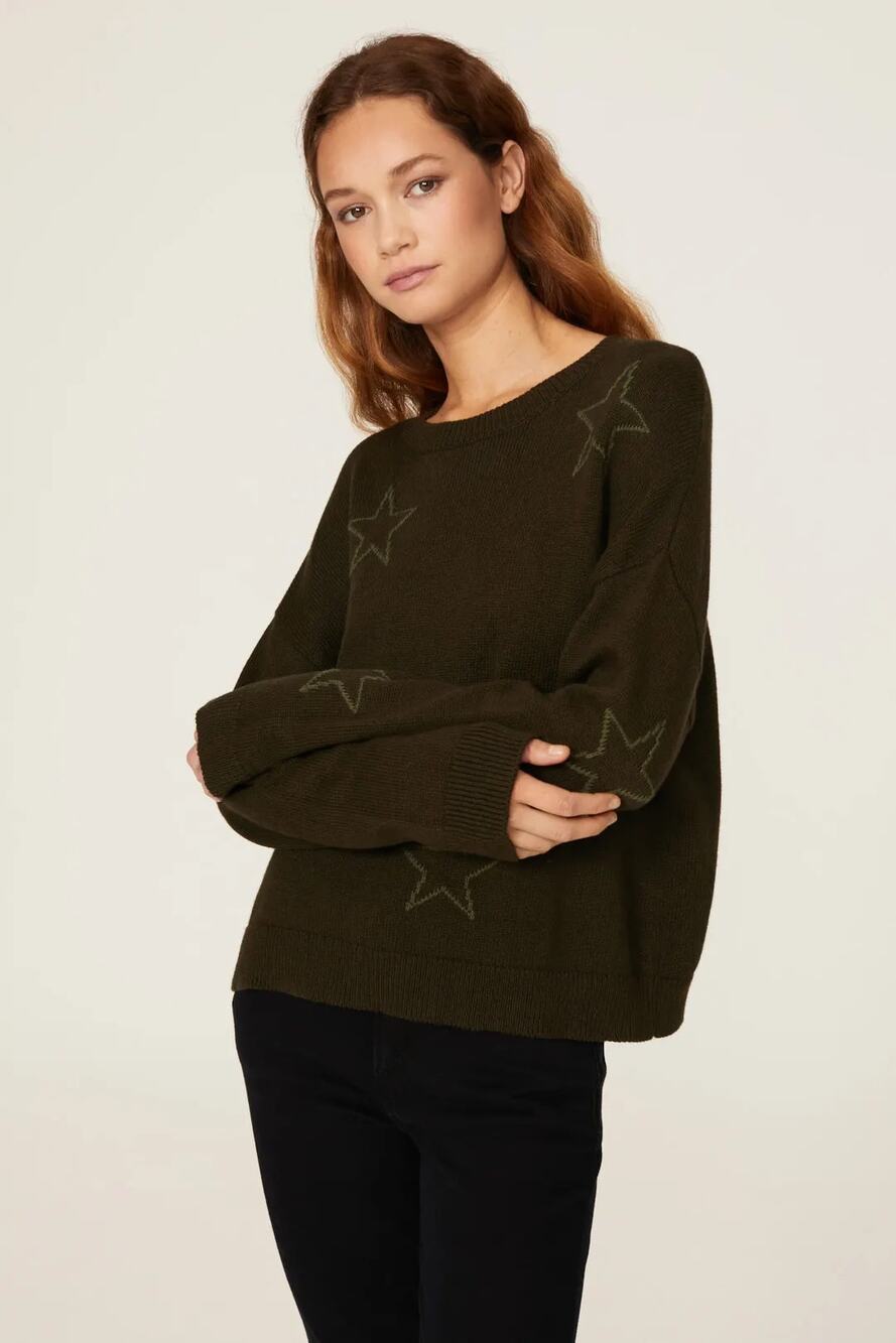 Rails Perci Star Long Sleeve Crew Neck Pullover Knit Sweater Olive Green Medium